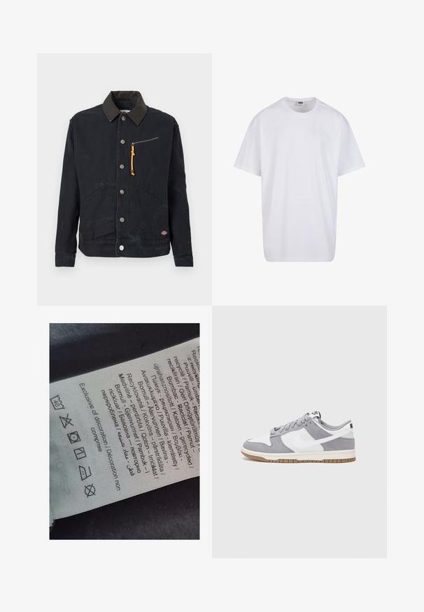Black button-up jacket with dark contrast collar, two front pockets, a zippered chest pocket with yellow pull tab, and a small logo patch.; White cotton t-shirt with short sleeves, rounded neckline, relaxed fit, and no visible logos or patterns. Smooth texture and minimal design.; Label tag with multi-language text, care symbols, and recycling icons, printed on a soft fabric-like material in light color.; Nike sneakers feature a gray suede and white leather upper with perforations, round laces, and a gum sole for traction.