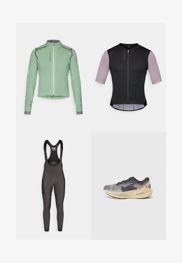 Lys grøn cykeljakke med lange ærmer, høj krave, lynlås lukning og kontrasterende grå detaljer langs sømmene. Glat, letvægts stof.; Sort cykeltrøje med korte mønstrede ærmer. Har en frontlynlås, åndbart mesh-stof og en let forlænget ryg for bedre dækning.; Sorte cykeltights med justerbare stropper, polstret sædeområde og teksturerede paneler på siderne for ekstra greb og støtte.; Nike Performance VOMERO 18 - Løbesko til landevejen - oatmeal/black anthracite/silver-coloured