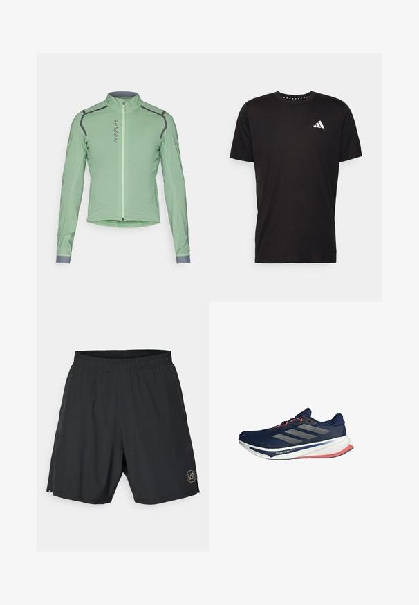 Light green cycling jacket with long sleeves, high collar, zip closure, and contrasting grey accents along seams. Smooth, lightweight fabric.; Black cotton t-shirt with short sleeves, crew neckline, and a white logo on the left chest. Smooth texture and simple design.; Black athletic shorts made from lightweight fabric, featuring an elastic waistband and a gold circular logo on the lower right side.; Navy running shoe with mesh upper, three silver stripes, red accents on laces and outsole, cushioned white midsole, lightweight design.