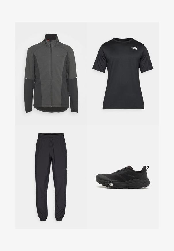 Vaude MENS WINTRY JACKET IV - Softshelljas - black; Zwart T-shirt met korte mouwen, gemaakt van lichtgewicht, vochtafvoerende stof. Heeft een wit logo op de linkerborst en een ronde halslijn.; Zwarte sportieve broek gemaakt van lichtgewicht stof, met een trekkoord in de taille, zijzakken en taps toelopende boorden bij de enkels.; Zwarte trailrunning schoen met een gestructureerde bovenkant, rubberen zool en versterkte neus. Voorzien van een gevoerde kraag en een trekhaak voor eenvoudig aan- en uittrekken.