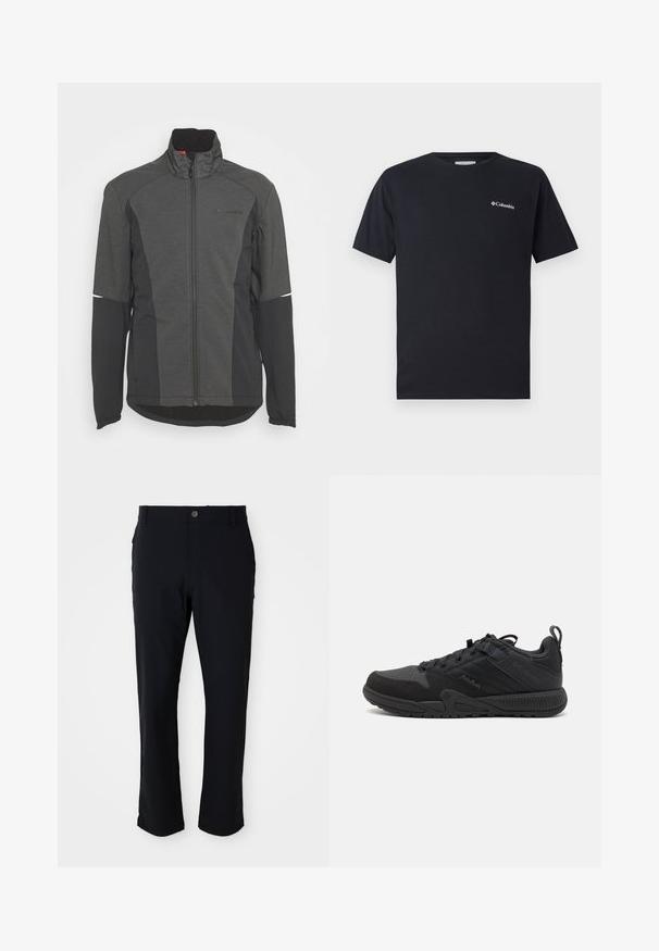Vaude MENS WINTRY JACKET IV - Softshelljacke - black; Schwarzes T-Shirt mit kurzen Ärmeln aus Baumwolle, das ein kleines weißes Columbia-Logo auf der linken Brustseite aufweist. Klassischer Rundhalsausschnitt und entspannte Passform.; Schwarze Hose mit Knopfverschluss, geradem Bein, glatter Textur und seitlichen Taschen, geeignet für verschiedene Anlässe.; Schwarzer Sportschuh mit einem Obermaterial aus Mesh und Wildleder, ausgestattet mit verstärkten Bereichen, runder Zehenpartie, strukturiertem Sohlenbereich und einer Schlaufe an der Ferse.