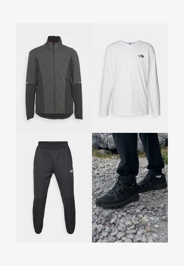 Vaude MENS WINTRY JACKET IV - Softshelljas - black; Witte lange mouwen T-shirt gemaakt van katoen met een ronde hals. Beschikt over een klein zwart logo op de borst. Soepele textuur, normale pasvorm.; Zwarte sweatpants met een trekkoord in de taille, tapered fit, elastische boorden en een klein wit logo op de linker dij, gemaakt van gladde stof.; Zwarte buitenschoenen van mesh en synthetisch materiaal, met een gestructureerd bovenwerk, een beveiligd vetersysteem en een robuuste zool, op een ruig terrein.