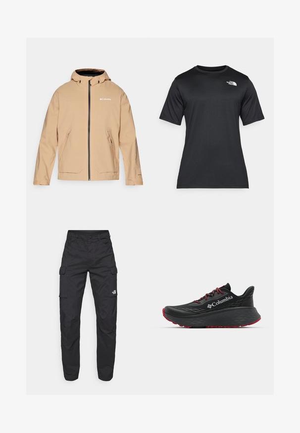 Beige waterproof jacket with a hood, zip closure, and two front pockets. Features contrasting black zippers and logo detailing. Smooth texture.; Black short-sleeve t-shirt made of lightweight, moisture-wicking fabric. Features a white logo on the left chest and a crew neckline.; The North Face EXPLORATION PANTS - Cargo trousers - black; Black athletic shoe with textured upper, red laces, and logo. Thick sole with patterned tread for traction. Minimalist design, side view.