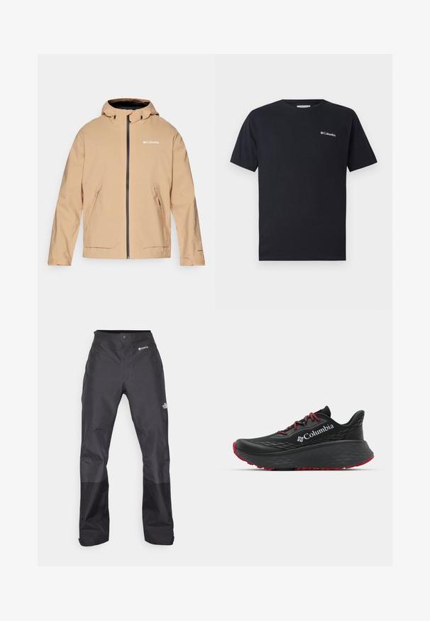 Beež veekindel jakk kapuutsiga, lukuga kinnitamine ja kaks esist pockets. Omab kontrastset musta lukkude ja logo kaunistust. Sile tekstuur.; Must muströöpide t-särk, mis on valmistatud puuvillast, ning mille vasakul rinnal on väike valge Columbia logo. Klassikaline ümar kaelus ja lõdvestunud lõige.; Mustad vettpidavad püksid, millel on sile tekstuur, ees GORE-TEX logo ja tugevdatud alumised jalad vastupidavuse tagamiseks.; Mustan värvi spordijalats tekstuuriga pealisega, punaste paelte ja logoga. Paksem tallaga, millel on mustritooted kaheksast edasi liikumiseks. Minimalistlik disain, külgvaade.