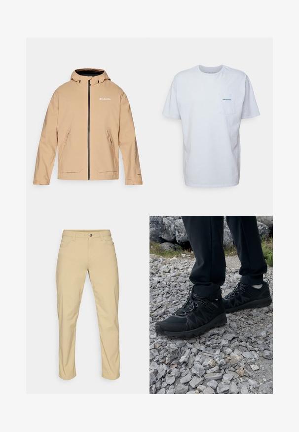 Giacca impermeabile beige con cappuccio, chiusura a zip e due tasche frontali. Presenta zip e dettagli del logo neri a contrasto. Texture liscia.; T-shirt bianco in cotone con maniche corte, scollo rotondo e tasca sul petto sinistro con il logo "Patagonia" blu. Vestibilità classica con una texture liscia.; Patagonia QUANDARY PANTS - Pantaloni outdoor - classic tan; Scarpe da esterni nere realizzate in mesh e materiale sintetico, con una parte superiore testurizzata, un sistema di allacciatura sicuro e una suola robusta, su terreno roccioso.