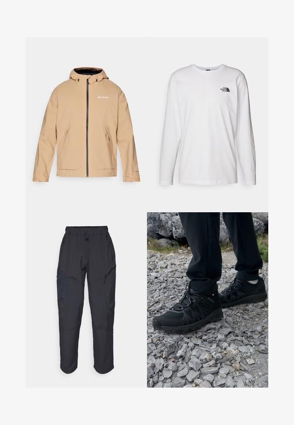 Béžová nepromokavá bunda s kapucí, zipovým uzávěrem a dvěma předními kapsami. Obsahuje kontrastní černé zipy a detaily loga. Hladká textura.; Bílý dlouhý rukáv tričko vyrobené z bavlny s kulatým výstřihem. Na hrudi se nachází malé černé logo. Hladká textura, běžný střih.; Černé cargo kalhoty vyrobené z lehkého, voděodolného materiálu; mají elastický pas, několik kapes na zip a zúžené nohavice.; Černé venkovní boty z prodyšného a syntetického materiálu, s texturovaným svrškem, bezpečným šněrovacím systémem a robustní podrážkou, na skalnatém terénu.