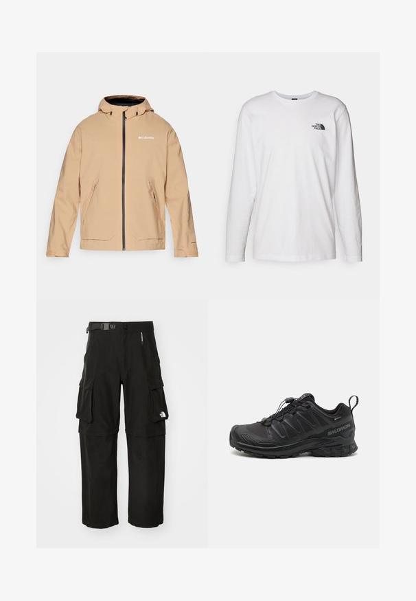 Giacca impermeabile beige con cappuccio, chiusura a zip e due tasche frontali. Presenta zip e dettagli del logo neri a contrasto. Texture liscia.; T-shirt bianco a maniche lunghe in cotone con colletto rotondo. Presenta un piccolo logo nero sul petto. Texture liscia, vestibilità regolare.; Pantaloni cargo neri realizzati in tessuto resistente, con diversi tasche, una cintura e un logo sulla parte bassa della gamba. Taglio dritto con una texture liscia.; Scarpa sportiva nera con parte superiore in sintetico testurizzato, suola imbottita e sistema di allacciatura rapida. Presenta una punta e un tallone rinforzati.