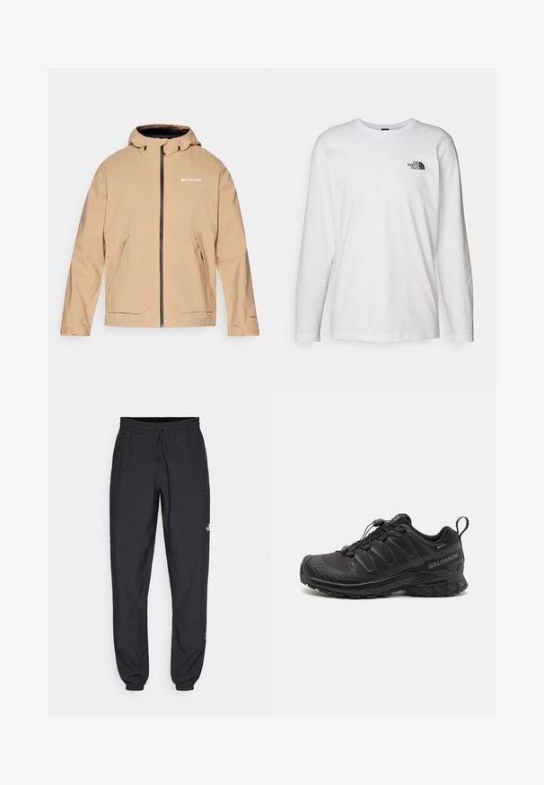 Beige vandtæt jakke med hætte, lynlås og to forlommer. Har kontrasterende sorte lynlåse og logo-detaljer. Glat tekstur.; Hvid langærmet T-shirt lavet af bomuld med rund hals. Har et lille sort logo på brystet. Glat tekstur, almindelig pasform.; Sorte atletiske bukser lavet af letvægtsstof, med en snor i taljen, sidelommer og tapered manchetter ved anklerne.; Sort atletik sko med en struktureret syntetisk overdel, polstret sål og et hurtiglukkesystem. Har forstærket tå og hæl.