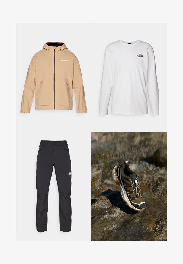 Beige vanntett jakke med hette, glidelås og to frontlommer. Har kontrasterende svarte glidelåser og logo detaljer. Glatt tekstur.; Hvit langermet T-skjorte laget av bomull med rund hals. Har en liten svart logo på brystet. Glatt tekstur, vanlig passform.; Sorte utendørsbukser med glidelås på frontlommen, syntetisk materiale, smalnende ben og forsterkede knepaneler. Har knappelukking.; Fjellsko i olivengrønn og svart med rosa detaljer. Har en teksturert overdel, fleksibel såle, forsterket tåhette og fargerik snøringssystem.