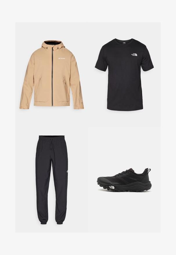 Casaco impermeável bege com capuz, fecho de correr e dois bolsos frontais. Apresenta fechos de correr e detalhes do logótipo em preto em contraste. Textura suave.; T-shirt preto de manga curta feito de algodão, com um decote redondo e um pequeno logótipo branco na parte superior esquerda do peito.; Calças atléticas pretas feitas de tecido leve, com um cós ajustável por cordão, bolsos laterais e punhos afunilados nos tornozelos.; Sapatilha de trail running preta com um upper texturizado, sola de borracha e biqueira reforçada. Possui um colarinho acolchoado e uma alça para facilitar o calçar.