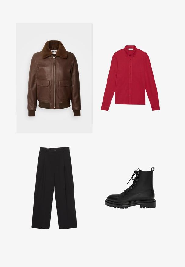 Schott Bomber bunda - brown; Červená dlouhá košile s rukávy vyrobená z bavlny. Má klasický límec, přední knoflíky a manžety s hladkým povrchem. Bez vzorů nebo akcentů.; Černé kalhoty širokého střihu vyrobené z hladké látky, s plochým pasem, předními záhyby a jedním knoflíkem na zapínání.; Černá kožená kotníková bota s kulatou špičkou, šněrováním vpředu, kovovými očky a masivní, strukturovanou gumovou podrážkou.