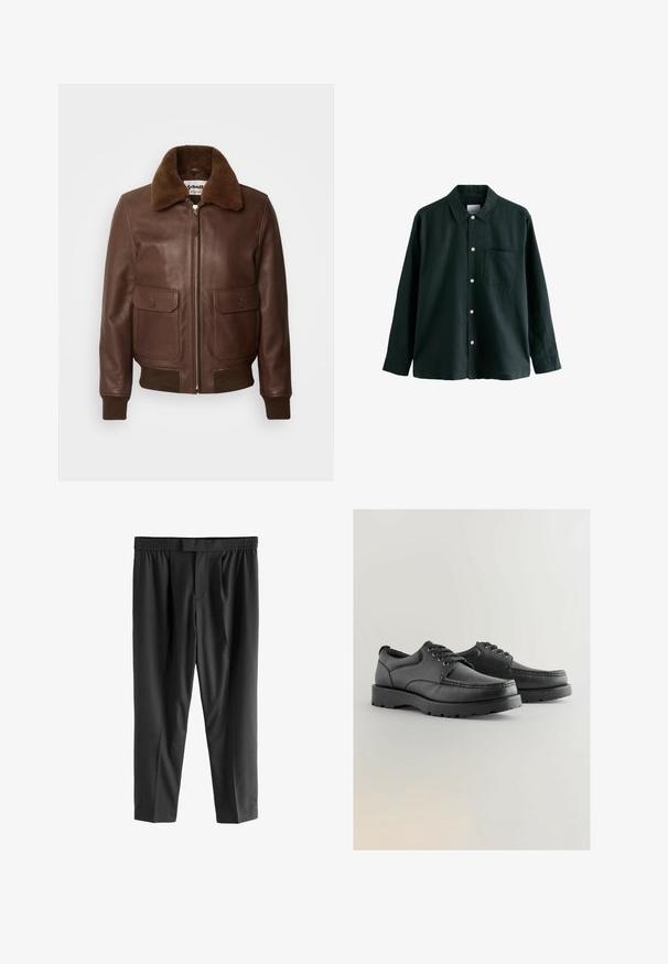 Schott Bomberjacks - brown; Donkergroene overhemden met kraag, lange mouwen en een enkele borstzak; heeft witte knopen en een zachte textuur.; Next REGULAR FIT -CHECK SMART - Chino - black; Zwarte leren schoenen met een gestructureerde bovenkant, ronde neus, vetersluiting en dikke rubberen zolen met een patroon.