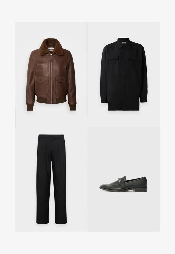 Schott Bomberjacke - brown; Schwarzes Hemd mit Knopfleiste aus glattem Stoff, das einen klassischen Kragen, zwei Brusttaschen und lange Ärmel mit Knopfmanschetten aufweist.; Schwarze Hose aus glattem Stoff, mit geradem Bein Design, zwei vorderen Falten und einem Standardbund mit Gürtelschlaufen.; Schwarzer Lederloafer mit glatter Oberfläche, ausgestattet mit einer gesteppten Gestaltung und einem dekorativen Metallkettendetail über dem Vorderblatt. Flacher Absatz.
