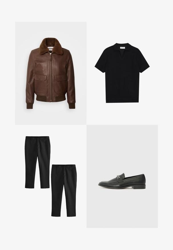 Schott Giubbotto Bomber - brown; Polo shirt nera a maniche corte in tessuto texturizzato a coste, con scollo a V e orlo dritto. Nessun logo o motivo visibile.; Pantaloni neri su misura con una texture liscia, caratterizzati da un design a gamba dritta e vita media. Vengono mostrati due modelli, uno accorciato.; Mocassino in pelle nera con finitura liscia, caratterizzato da un design cucito e da un accento decorativo in catena metallica sul vamp. Tacco piatto.