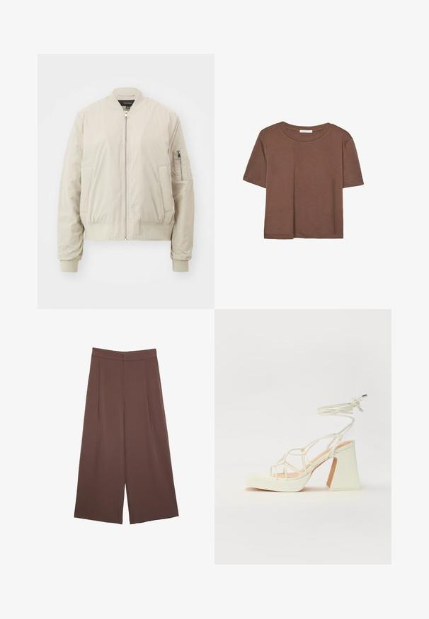 Vero Moda VMNINNA - Bombera - oatmeal; Hnedé tričko s krátkym rukávom vyrobené z jemného materiálu, s okrúhlym výstrihom a voľným strihom. Žiadne viditeľné vzory ani akcenty.; Hnedé nohavice so širokými nohavicami a hladkou textúrou, s vysokým pásom a prednými skladmi. Tkanina je ľahká a voľne sa pohybuje.; Biele sandále na vysokom opätku s hrubým podpätkom, s pruhovaným dizajnom a viazaním na členku. Hladký povrch s platformou vpredu pre zvýšenú výšku.