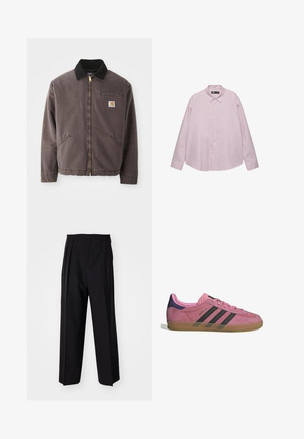 Brown canvas jacket with a black suede collar, gold zipper, side pockets, and a chest pocket featuring a logo patch.; Light pink button-up shirt with vertical blue stripes, collared neck, long sleeves, and a loose fit. Made from smooth fabric with a slight sheen.; Black pleated trousers with a straight, wide-leg design. Made from smooth fabric, featuring a button closure and belt loops.; Pink suede sneaker with black stripes, gum sole, and textured purple heel. Features a lace-up design and embossed branding on the side.