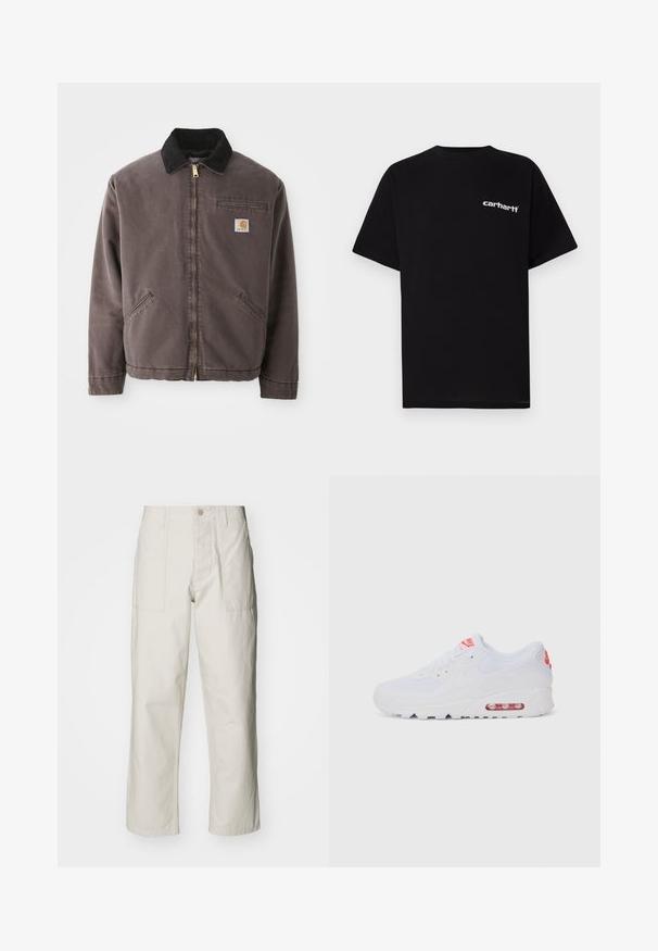 Chaqueta de lona marrón con un cuello de ante negro, cremallera dorada, bolsillos laterales y un bolsillo en el pecho con un parche de logo.; Camiseta negra de algodón con mangas cortas, cuello redondo y logo blanco de "Carhartt" en el pecho izquierdo. Textura suave, diseño minimalista.; Pantalones de pierna ancha color beige claro, hechos de algodón. Cuentan con bolsillos frontales y cierre de botón. Textura suave con sutiles líneas verticales.; Zapatilla deportiva blanca con una parte superior lisa, cierre de cordones, suela acolchada y una unidad de aire visible con acentos rojos en la marca.
