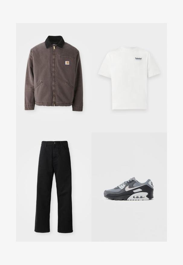 Pruun kangast jope musta sametist kraega, kuldne lukku, küljetaskud ja rinnatasku, millel on logo kaudu.; Valge puuvillane T-särk, millel on sinine tikand "Timberland Rugged Active Gear" logo vasakul rinnal. Lühikesed varrukad ja ümmargune kaelus.; Mustadest denimist püksid sirge lõikega, mis sisaldavad ees taskuid, lukufliisi ja ühte ülemist nööpi. Tekstureeritud kangas mati viimistlusega.; Hall hallitossud, mis on valmistatud võrgust ja seemisnahast, musta tallaga ja nähtava õhunõrega. Märgatavad helehallid aktsendid ja paelad.