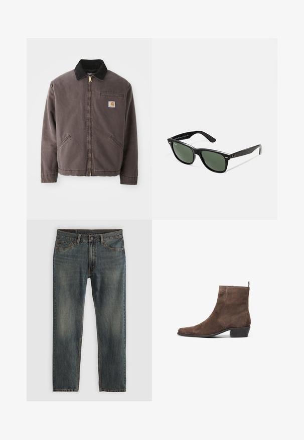 Brown canvas jacket with a black suede collar, gold zipper, side pockets, and a chest pocket featuring a logo patch.; Gray short-sleeve T-shirt, made from a soft, lightweight fabric. Straight-cut hem, classic crew neck design, and subtle heather texture.; Blue denim jeans with a straight leg design, featuring a classic five-pocket style, stitching accents, and a slightly faded finish.; Brown suede ankle boot with a pointed toe, low block heel, and a pull loop at the back for easy wear. Smooth texture and simple design.; Black plastic sunglasses with green lenses, square frames, silver accent on the brow, and textured temple arms. Stated brand on inner arm.