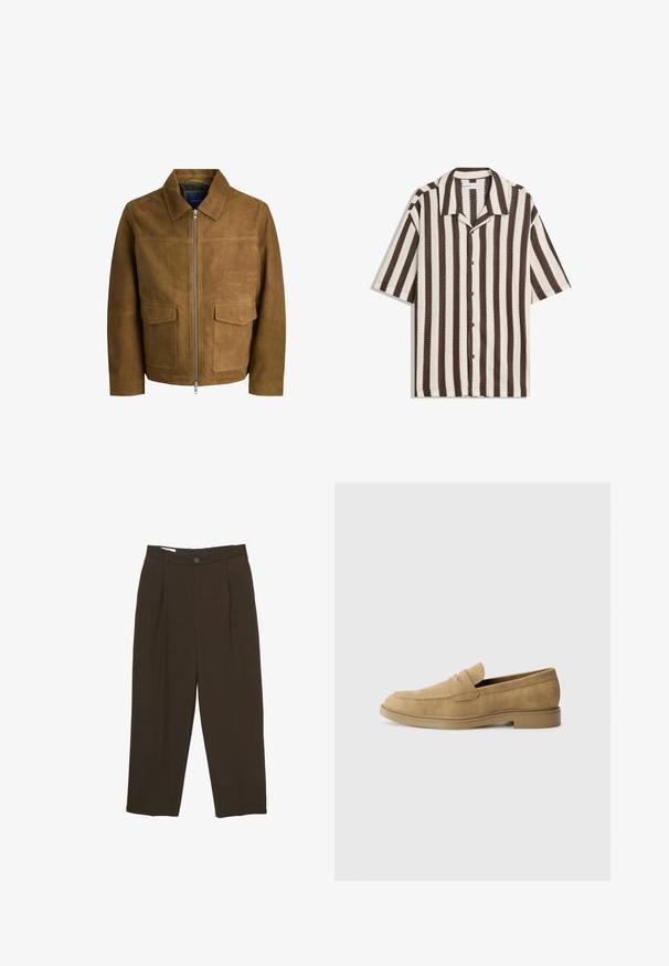 Bruine suede jas met een kraag, ritssluiting en twee platte zakken aan de voorkant. Glad textuur met een gestructureerde pasvorm.; Korte mouwen overhemden met bruin en beige verticale strepen en een gespreide kraag, plat gelegd op een witte achtergrond.; Donkere bruine op maat gemaakte broeken met voorplooien, riemlussen en een knoopsluiting in de taille.; Tan suède instappers met een ronde neus, lage blokhak en gestikte details op de bovenkant. Gladde textuur en minimalistisch ontwerp.