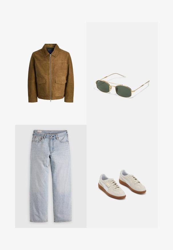 Brūns zamšs jaku ar apkakles izgriezumu, ar rāvējslēdzēju un divām plakaniem kabatām priekšpusē. Gluda tekstūra ar struktūru pieguļošu piegriezumu.; Bēša adīta polo krekls ar V veida kaklu, īsām piedurknēm un zaļām svītrām krūšu daļā. Iezīmēts ar izšūtu logo zilā krāsā.; Gaiši zili taisni džinsi ar augstu jostasvietu, pogu aizdari un priekšējām un aizmugurējām kabatām, izlikti uz plaknes.; Beige zamšveida sporta apavi ar baltām ādas akcentiem un brūniem gumijas zole. Iespējas: apaļa purngala forma, šņorēšana un zelta logo sānos.; Zelta metāla saulesbrilles ar zaļiem stikliem, kurām ir stūra forma un slaidas kājas. Dizains ietver plānu rāmi un smalku zīmolu uz stikla.