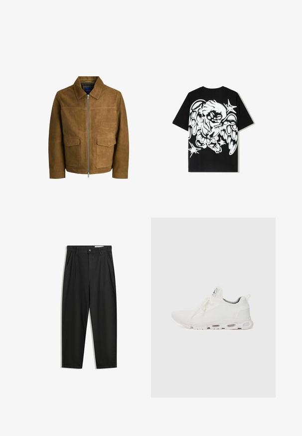 Giacca in suede marrone con colletto, chiusura con zip e due tasche piatte sul davanti. Tessuto liscio con una vestibilità strutturata.; T-shirt in cotone nera con un grande design di un angelo in stile graffiti bianco sulla schiena, con ali dettagliate e accenti di stelle.; Pantaloni in cotone neri con una vestibilità rilassata, dotati di una vita classica, pieghe frontali e tasche laterali. Tessuto liscio senza fantasie.; Scarpe atletiche bianche con tomaia in maglia testurizzata, lacci piatti e una suola ammortizzata con camere d'aria visibili per un supporto aggiuntivo.