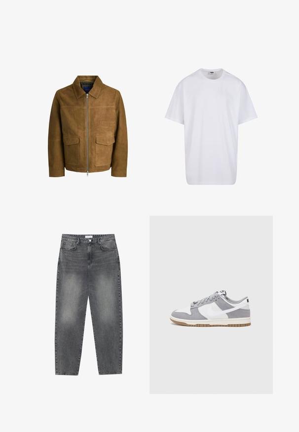 Giacca in suede marrone con colletto, chiusura con zip e due tasche piatte sul davanti. Tessuto liscio con una vestibilità strutturata.; Maglietta bianca in cotone con maniche corte, scollatura rotonda, vestibilità comoda e senza loghi o motivi visibili. Texture liscia e design minimale.; Jeans a vita alta, dal taglio ampio in denim nero sbiadito. Presentano cinque tasche, passanti per cintura e un design dritto e pulito.; Sneaker grigia e bianca con tomaia in suede e pelle, punta arrotondata, lacci piatti e soletta in gomma con un accento color caramello.