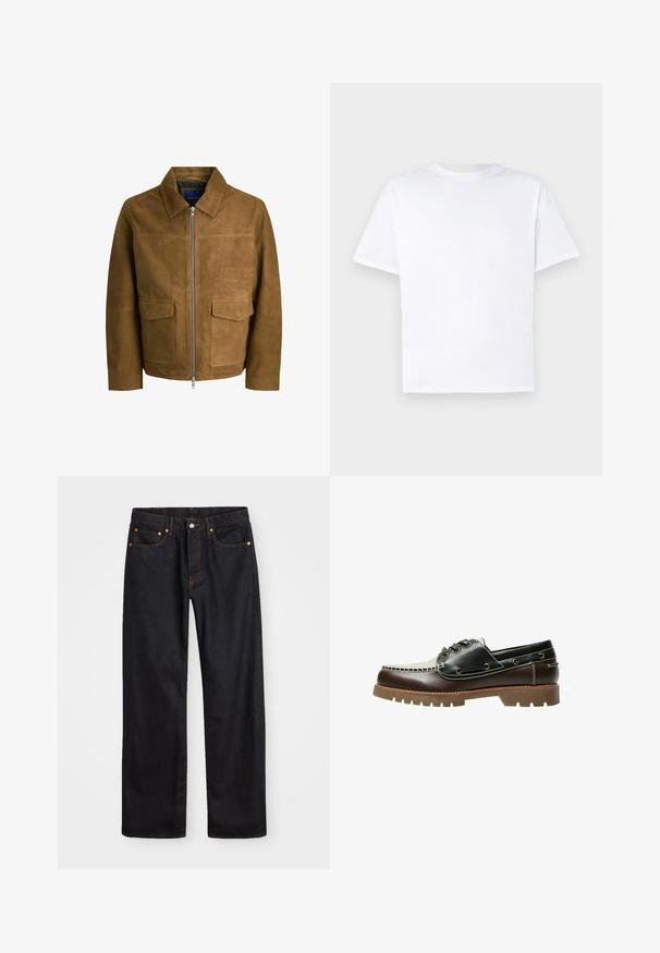 Hnedá semišová bunda s golierom, zipsom a dvoma plochými vreckami vpredu. Hladká textúra s pevným strihom.; Biele bavlnené tričko s okrúhlym výstrihom a krátkymi rukávmi. Hladká textúra, priame strih, bez vzorov alebo akcentov. Len pohľad z chrbta.; Pánske rovné čierne riflové nohavice s piatimi vreckami a oranžovým prešívaním, s gombíkom a zipsom na prednom páse.; Hnedé a čierne kožené topánky typu boat s šnurovaním, kontrastným prešívaním a textúrovanou gumovou podrážkou. Majú kovové očká na šnúrky a zaoblenú špičku.