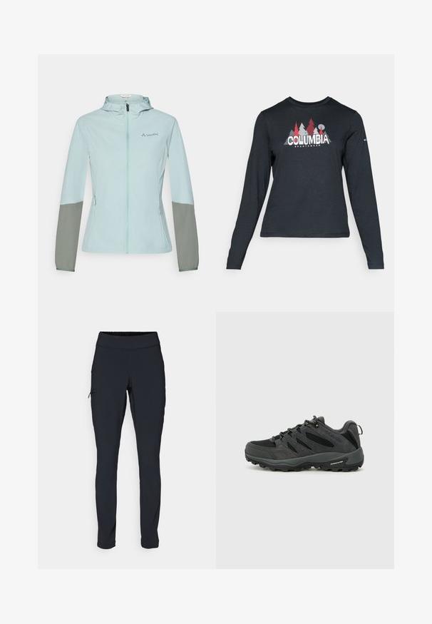 Lyseblå letvægtsjakke med grå ærmer, fuld lynlås, justerbar hætte og Vaude-logo på brystet. Glat tekstur og atletisk pasform.; Langærmet mørkegrå skjorte med grafik af røde træer og bjerge; "COLUMBIA" logo i fed hvid tekst. Blødt stof, standard rund hals.; Svarte atletiske bukser med slim fit, elastisk talje og en side lomme med lynlås. Glat, strækbart stof med minimale sømme.; Columbia REDMOND - Hikingsko - black/citron haze