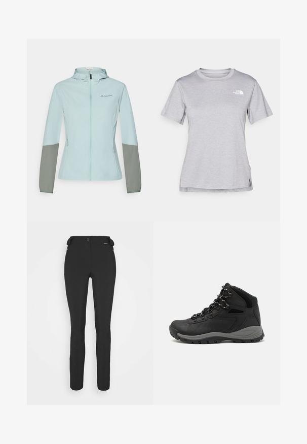 Lyseblå lett jakke med grå ermer, hel glidelås, justerbar hette og Vaude-logo på brystet. Glatt tekstur og atletisk passform.; Grå kortermet t-skjorte laget av myk, fukttransporterende stoff. Har en rund hals og en liten hvit logo på øvre venstre side.; Svart, tettsittende bukser laget av et fleksibelt materiale. Funksjoner inkluderer en glidelåslukket sidelomme, artikulerte knær og en glatt tekstur.; Sorte turstøvler med mid-topp design, som har en teksturert overdel, grå detaljer og slitesterk gummisåle med godt grep.