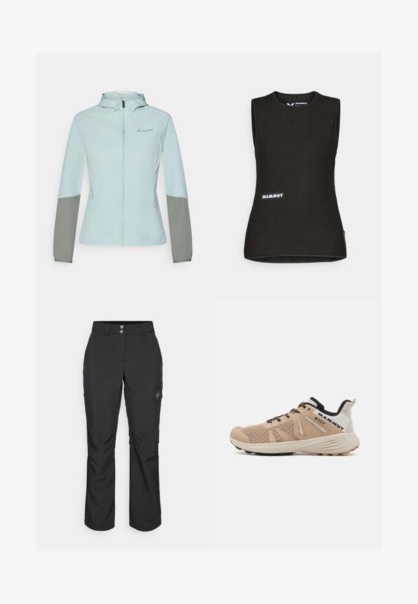 Šviesiai mėlynas lengvas džemperis su pilkomis rankovėmis, visiškai užtraukiamas, su reguliuojamu gobtuvu ir Vaude logotipu krūtinėje. Lygi tekstūra ir sportiškas siluetas.; Juodas be rankovių marškinėliai su tekstūruota raštu, apvaliu iškirpimu ir "MAMMUT" logotipu priekyje. Pagaminti iš pralaidaus oro medžiagos.; Juoda lauko kelnės su tiesiu kirpimu, su mygtuko uždarymu, užtrauktuku užtraukiamomis šoninėmis kišenėmis ir logotipo aplikacija kairiajame šlaunyje.; Vyrų žygių batai su smėlio spalvos tinkleliu, sustiprinta pirštų dalimi, juodais akcentais ir tvirtu padu, užtikrinančiu sukibimą.