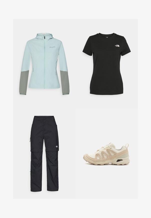 Ljusblå lättviktsjacka med grå ärmar, hel dragkedja, justerbar huva och Vaude-logotyp på bröstet. Slät textur och atletisk passform.; Svart bomull t-shirt med rund halsringning och korta ärmar. Anmärkningsvärt vitt logotyp på övre vänstra sidan. Slät yta, avslappnad passform.; Svarta nylonbyxor med avtagbara ben, justerbara muddar, flera fickor och en logotyp på högra benet. Slät, lätt textur.; Beige och krämfärgad atletisk sko med texturerad meshovandel, stöttande överdrag och gummisulor med ett mönster för grepp.