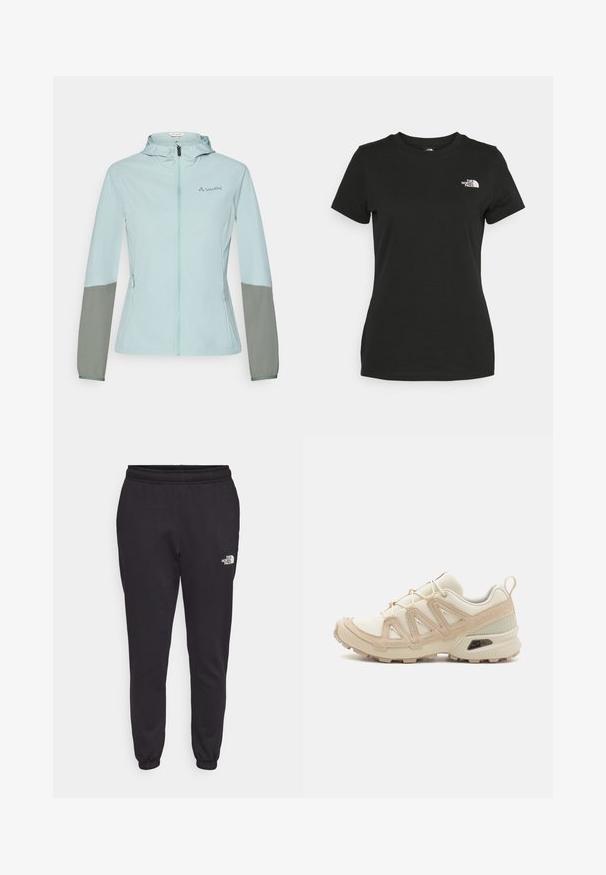 Light blue lightweight jacket with gray sleeves, full zipper, adjustable hood, and Vaude logo on the chest. Smooth texture and athletic fit.; Black cotton t-shirt featuring a crew neckline and short sleeves. Notable white logo on the upper left side. Smooth texture, casual fit.; Black jogger pants made of soft cotton blend. Features an elastic waistband, tapered leg design, and a small white logo on the lower right side.; Beige and cream athletic shoe with textured mesh upper, supportive overlays, and rubber outsole featuring a tread pattern for traction.