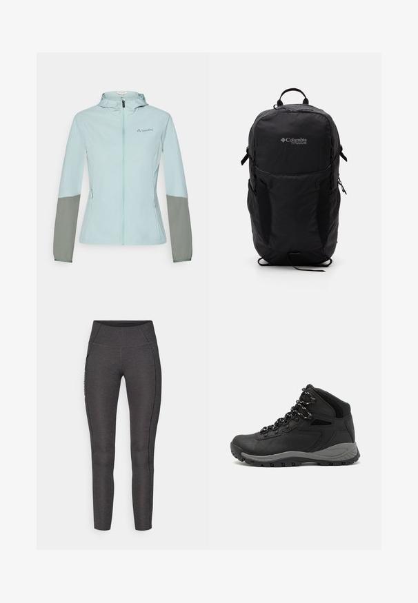 Lyseblå letvægtsjakke med grå ærmer, fuld lynlås, justerbar hætte og Vaude-logo på brystet. Glat tekstur og atletisk pasform.; Sort Columbia t-shirt med hvid cirkulær bjerg- og flodlinjekunst samt teksten "Columbia Sportswear Company Udenfor Siden 1938."; Højtaljede leggings i mørkegrå, lavet af tekstureret stof. Har et tætsiddende design og sidelommer til opbevaring.; Sort vandrestøvle med en mellem-højde design, der har en tekstureret overdel, grå detaljer og en holdbar gummisål med skridsikre klodser.; Sort Columbia Titanium rygsæk med en glat stoftekstur, sidelommer, bærehåndtag og justerbare stropper. Minimalistisk design med diskret branding.