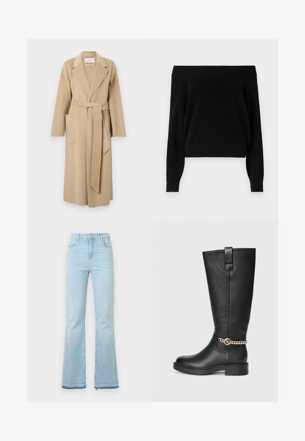 Abrigo largo de lana beige con solapas anchas, dos bolsillos frontales y un cinturón a juego atado a la cintura.; Suéter negro sin hombros con mangas largas, cuello y dobladillo acanalados, hecho de una suave tela texturizada. Diseño simple y casual.; Pantalones de mezclilla acampanados de color azul claro, con una cintura alta, bolsillos frontales y un dobladillo sin rematar en los puños para un look casual.; Botín negro de cuero, hasta la rodilla, con un acabado texturizado, que presenta un acento decorativo en cadena dorada y una suela de goma plana.