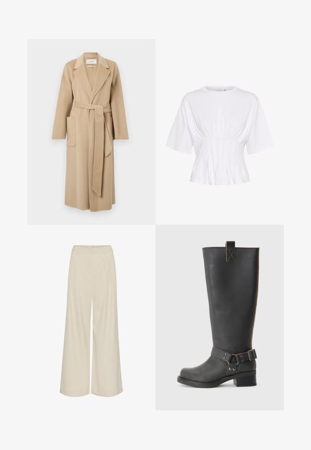 Dugi bež vuneni kaput s širokim reverima, dva prednja džepa i pojasom koji je zavezan u struku.; Bijela bluzica s kratkim rukavima, izrađena od mekane tkanine, s okruglim izrezom i naboranim detaljima na struku za prilagođen izgled.; Hlače širokih nogavica u svijetloj bež tkanini, s nabranim detaljima, visokim strukom i glatkom teksturom bez vidljivih ukrasa.; Crne kožne čizme do koljena s teksturiranom završnom obradom, sa bočnim detaljem s kopčom i niskom petom. Detaljno šivanje duž šavova.