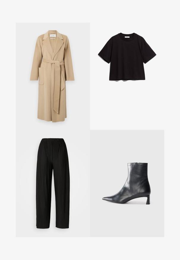 Dlhý béžový vlnený kabát so širokými chlopňami, dvoma prednými vreckami a zodpovedajúcim opaskom viazaným v páse.; Čierne bavlnené crop tričko s okrúhlym výstrihom a krátkymi rukávmi. Má voľný strih a jednoduchý, nezdobený dizajn.; Čierne plisované nohavice s širokými nohavicami a elastickým pásom. Tkanina má vertikálne plisovanie a hladkú textúru.; Čierne kožené členkové topánky s špicatou špičkou a elegantným dizajnom. Majú nízky podpätok a zips na zadnej strane. Hladká textúra.