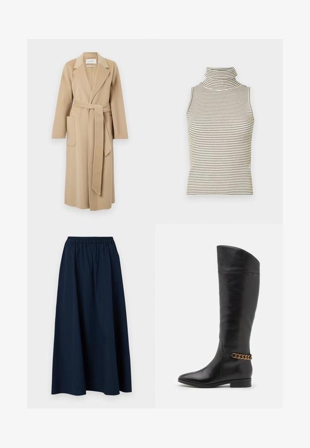 Langer beige Wollmantel mit breiten Revers, zwei Vordertaschen und einem passenden Gürtel, der in der Taille gebunden ist.; Ärmelloses Rollkragenoberteil mit vertikalen schwarz-weißen Streifen, hergestellt aus einem strukturierten Strickstoff und mit einem hohen, eng anliegenden Kragen.; Navyblaue, knöchellange Skirt aus strukturiertem Stoff mit einem elastischen Bund und dezenten vertikalen Streifen.; Hohe schwarze Lederstiefel mit elegantem Design, spitzer Zehe und einem goldenen Kettenakzent am Knöchel. Tiefer Blockabsatz. Glatte Textur.