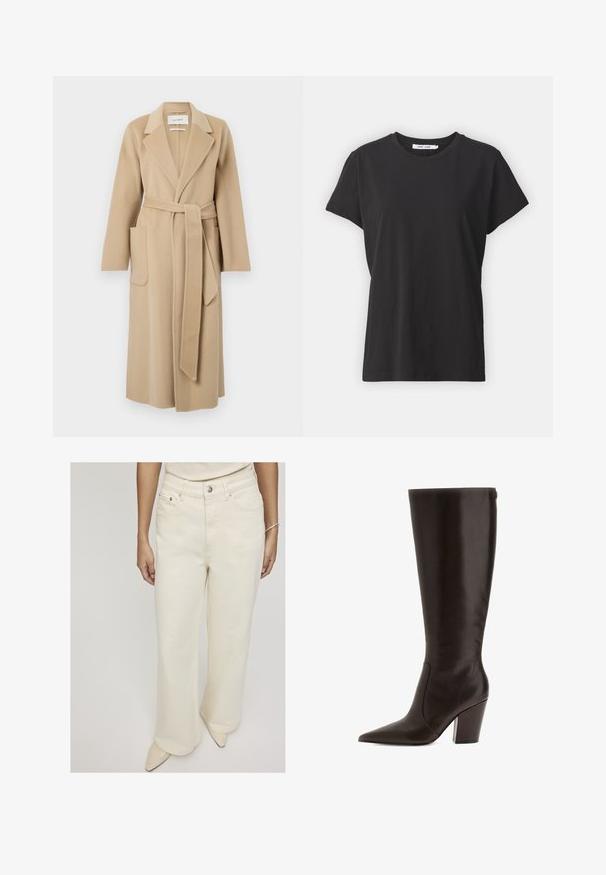 Dlouhý béžový vlněný kabát s širokými klopami, dvěma předními kapsami a odpovídajícím páskem uvázaným v pase.; Černé bavlněné tričko s klasickým kulatým výstřihem, krátkými rukávy a volným střihem. Hladká textura, žádné viditelné vzory nebo akcenty.; Krémové široké džíny vyrobené z denimu, s vysokým pasem, předními kapsami a uzávěrem na jeden knoflík pro pohodlný střih.; Hnědá kožená vysoká bota po kolena s špičatou špičkou a blokovým podpatkem. Má hladký povrch a boční zip pro snadné obouvání.