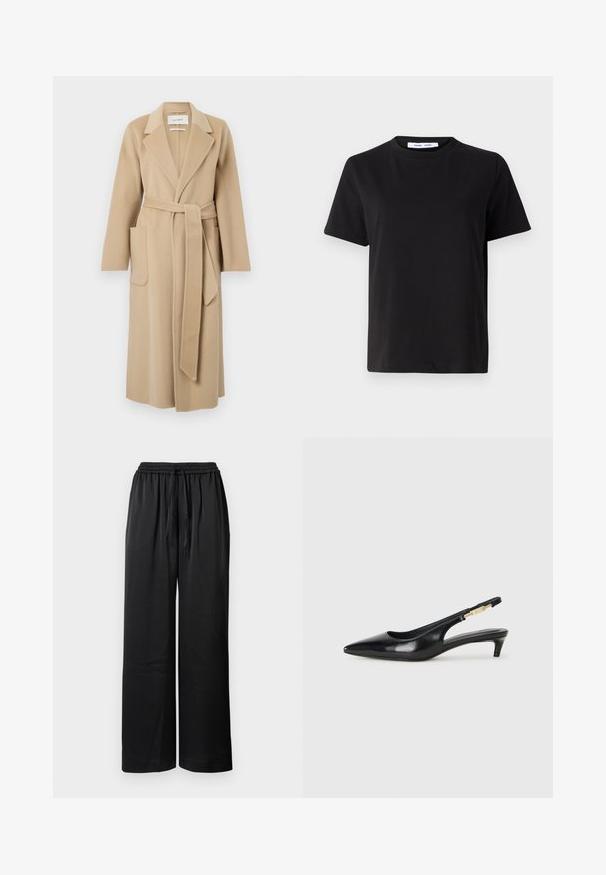 Lang beige uldfrakke med brede klapper, to forlommer og et matchende bælte der er bundet om taljen.; Sort t-shirt med korte ærmer fremstillet af blødt bomuld, med rund halsudskæring, afslappet pasform og en glat overflade. Ingen synlige mønstre eller grafik.; Sorte vide bukser med elastisk talje, snorelukning og glat tekstur. Har en løs pasform for komfort og bevægelsesfrihed.; Sorte læder slingback hæle med spids tå, der har en slank hæl og en guldfarvet detalje på den justerbare rem. Glat tekstur.
