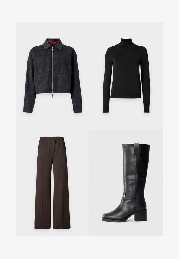 Trumpas juodas džinsinis švarkas su blizgiu juodu odiniu apykakle ir priekiniais užtrauktukais, turintis dvi krūtinės kišenes ir ilgomis rankovėmis.; Juoda ilgomis rankovėmis turtleneko tipo megztinis su rebruotomis rankovėmis ir apačia, eksponuojamas ant paprasto balto fono.; Tamsiai rudos spalvos plačios kelnių kelnės iš elastinės medžiagos, turinčios lygų paviršių ir švarias linijas, suteikiančias pritaikytą išvaizdą.; Juodos odinės iki kelių siekiančios botai su lygiu paviršiumi, kvadratiniu pirštu, storu kulnu ir šoniniu kilputė, su minimaliais siuvimo akcentais.