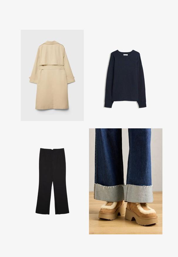 Trench coat beige con orlo posteriore corto, maniche lunghe e cintura. Realizzato in tessuto morbido, presenta un colletto a punte e fessure laterali.; Maglione blu navy con scollo a V, maniche lunghe, polsini e orlo a costine. Realizzato in morbido materiale lavorato a maglia, presenta una vestibilità comoda e un design minimalista.; Pantaloni neri a gamba dritta, con tasche frontali e spacchi laterali all'orlo. Realizzati in tessuto morbido e liscio. Adatti a diverse occasioni.; Stivali platform in suede marrone con interno in pelliccia crema, abbinati a pantaloni in denim a gamba larga caratterizzati da orli sfrangiati e un risvolto in denim più chiaro.