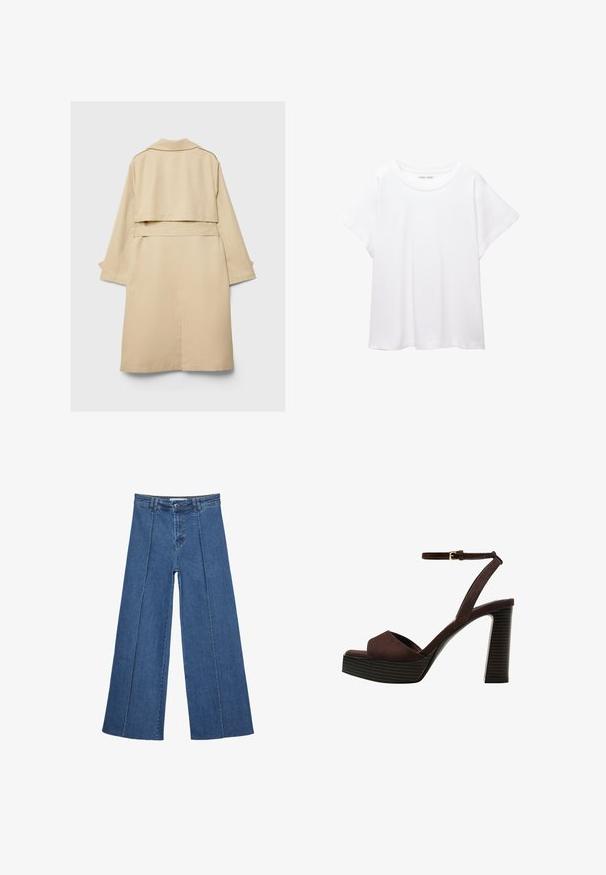 Bež plašč z usnjem, kratek hrbtni del, dolgi rokavi in pasom. Narejen iz gladkega materiala, ima zarezani ovratnik in stranske razpokane.; Bela majica s kratkimi rukavi, izdelana iz mehkega in lahkega blaga. Ima okroglo ovratnico ter kratke, široke rokave z udobnim krojem. Brez vidnih vzorcev.; Jeans širokih nogavic v srednji modri barvi, z visokim pasom, gumbom in kontrastnimi navpičnimi šivi spredaj.; Rjave semiš sandale z visoko peto, odprto spredaj, z nastavljivim gležnjenjem in črtastim podplatom.
