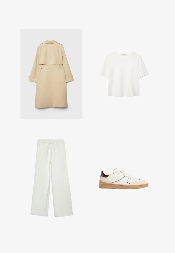 Bež baloner s kratkim stražnjim rubom, dugim rukavima i remenom. Izrađen od glatkog materijala, ima reverasti ovratnik i bočne proreze.; Bijela majica kratkih rukava od pamuka. Ima okrugli izrez i opušteni kroj. Glatka tekstura bez vidljivih uzoraka ili naglasaka.; Bijele hlače širokog kroja od mekog materijala. Imaju elastični pojas s vezicom i glatku teksturu. Nema vidljivih uzoraka ili metalnih dijelova.; Stradivarius Tenisice - white