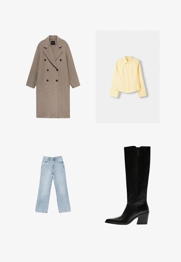 Svijetlosmeđi vuneni kaput s dvostrukim kopčanjem, urezanom kragnom, dva velika smeđa gumba i širokim ravnim rukavima. Jednostavan dizajn i tekstura.; Žuta prugasta košulja dugih rukava, s oštrim kragnom i prednjim kopčanjem na dugmad. Ima vertikalne plave pruge i kroj koji ističe figuru.; Svijetlo plave traperice širokog kroja, s istrošenim detaljima, dizajnom s pet džepova i zatvaranjem na munju.; Crne čizme do koljena napravljene od glatke kože, s šiljastim vrhom, blok petom i V-oblika izrezom na vrhu.