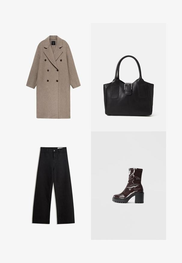 Palton din lână de culoare maro deschis, cu două rânduri de nasturi și guler cu vârfuri, două nasturi mari maro și mâneci largi și drepte. Design și textură simple.; Tricou negru cu guler rotund, fabricat din bumbac moale. Mâneci scurte, croială lejeră și tiv drept, fără broderii sau modele.; Pantaloni din denim negri cu picioare largi, cu talie înaltă, având buzunare frontale și posterioare, cusături dublate și închidere cu nasture. Textură netedă.; Botine lucioase burgundy, cu toc gros negru, având o textură netedă și un design simplu. Fără închideri sau modele vizibile.; Geantă tote din piele neagră cu textură netedă, formă structurată, două mânere și un detaliu proeminent din aliaj de argint pe partea din față.