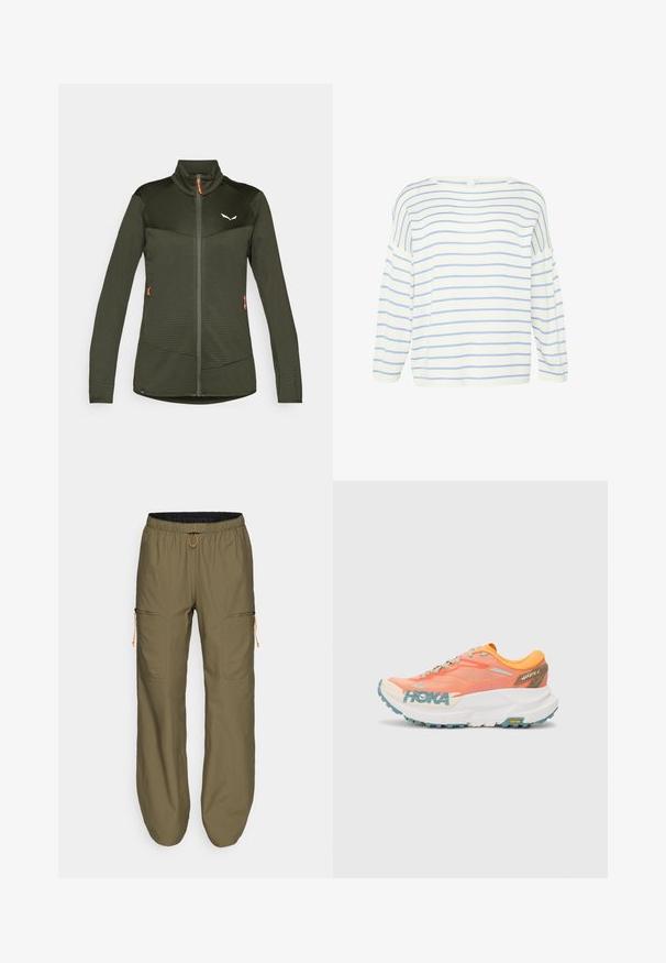 Maslinasto zeleni zip-up jakna s visokim ovratnikom, teksturirana tkanina, kontrastne crne ramene panele i narančasti detalji na patentnom zatvaraču.; Bijela bluzica s dugim rukavima i plavim horizontalnim prugama. Ima širok izrez i širok kroj, izrađena je od mekanog materijala s glatkom teksturom.; Lagane cargo hlače u maslinasto zelenoj boji s elastičnom gumom u struku i narančastom vezicom; sadrže patentne bočne džepove i šivane akcentne detalje.; Narančaste i ružičaste tenisice za trčanje s mrežastim gornjim dijelom, bijelim međupodstavkom, Vibram potplatom i svijetloplave akcentima. Ima HOKA brending sa strane.
