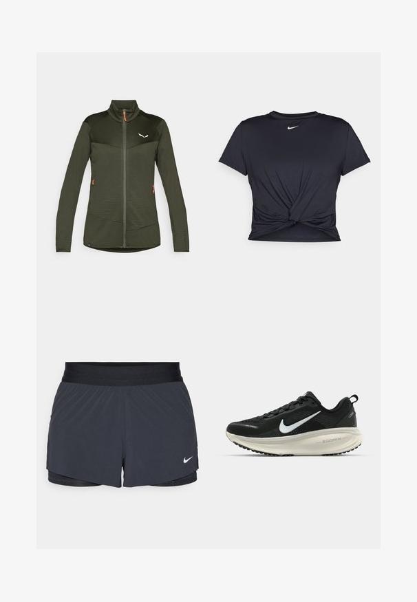 Olivgrön zip-up jacka med hög krage, texturerad tyg, kontrasterande svarta axelpaneler och orange dragkedje detaljer.; Svart atletisk t-shirt i mjukt tyg, med en knuten framdesign och en liten vit Nike-logga på bröstet.; Svarta idrottsshorts med elastisk midja, med en lagerdesign och en liten vit Nike-logga på nedre vänstra sidan. Lättviktig material.; Svart Nike löparsko med andningsbart mesh-ovandel, vit swoosh-logotyp, texturerad detaljering och en krämfärgad ZoomX-mellansula.