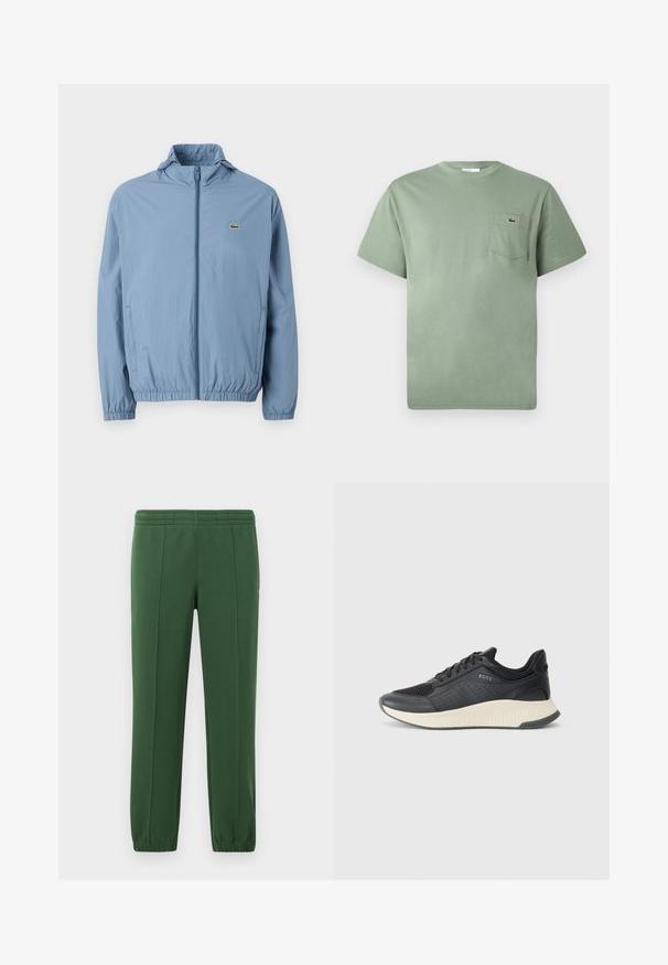 Šviesiai mėlynas zip-up džemperis su gobtuvu, elastingomis rankogaliais ir juosmeniu. Ant kairio krūtinės kišenės yra mažas žalias logotipas.; Šviesiai žalia trumpomis rankovėmis medvilninė marškinėliai su krūtinės kišene, kurią puošia mažas išsiuvinėtas krokodilo logotipas.; Žalios sportinės kelnės, pagamintos iš minkštos medžiagos; turi elastinę juostą juosmeniui, siaurėjančius kojų kirpimus ir mažą logotipą šone.; Juodi sportiniai bateliai su tinkleliu, turintys perforacijas, tekstūruotą kremine spalvos tarpinę ir guminį pado paviršių geresniam sukibimui.