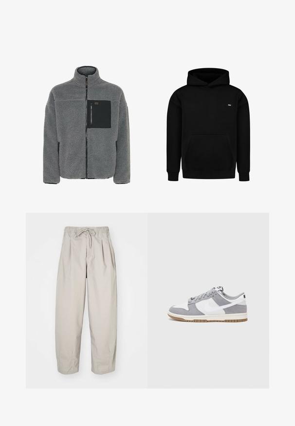 Gray fleece jacket with a high collar, front zip closure, and black chest pocket. Features a soft, textured fabric and ribbed cuffs.; Black hoodie made of cotton blend fabric. Features a front pouch pocket, ribbed cuffs and hem, and a small logo on the chest. Simple design.; White cotton t-shirt with short sleeves, rounded neckline, relaxed fit, and no visible logos or patterns. Smooth texture and minimal design.; Beige, lightweight trousers with an elastic waistband and drawstring. Features pleats and a loose fit, crafted from soft, smooth fabric.; Gray and white sneaker with a suede and leather upper, rounded toe, flat laces, and a rubber sole featuring a gum accent.